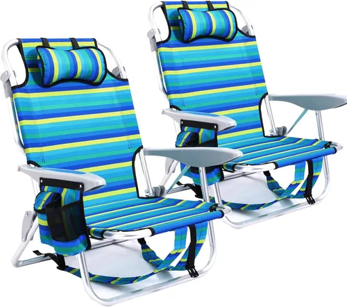 Miniatura 17 de Paquete de 2 sillas reclinables portátiles ligeras para adultos, sillas de playa plegables planas al aire libre con 5 posiciones, silla de playa