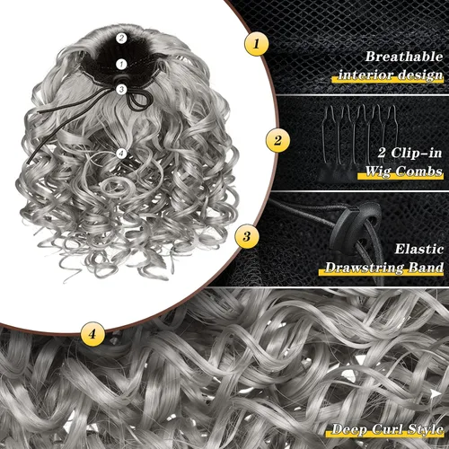 Miniatura 4 de PEACOCO Extensión de cola de caballo rizada con cordón para mujeres negras - Cola de caballo de 6 pulgadas con clip, postizo sintético de afro corto