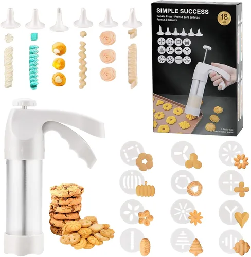 Pistola de prensa de galletas blanca - Kit de prensa de galletas Spritz con 12 discos y 6 puntas de tubería | Perfecto para Acción de Gracias,