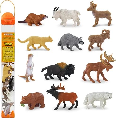 Vida salvaje de Toob Safari Ltd con 12 figuras de animales salvajes favoritos de América del Norte como un león montañés, lobos, alces, ariete de