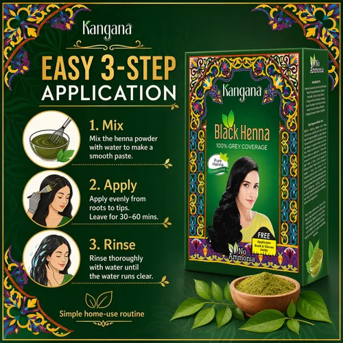 Miniatura 6 de Henna negra en polvo natural Cobertura de cabello gris Amla y aloe vera 6 bolsas, libre de artificiales Kangana