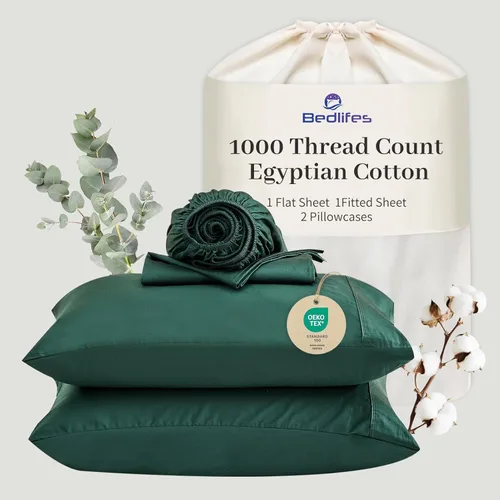 Miniatura 32 de Bedlifes Sábanas de algodón egipcio de 1000 hilos, tamaño Queen, 4 piezas con bolsillo profundo de 16 pulgadas, ropa de cama ultrasuave refrescante