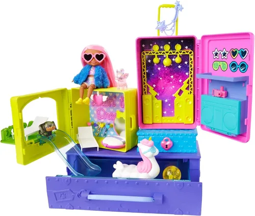 Barbie HDY91 - Juego de viaje extra con 2 figuras exclusivas de cachorros y muñecas, piscina, tobogán, sala de fiestas y accesorios, juguete para