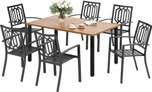 Miniatura 16 de SUNSHINE VALLEY Juego de 7 sillas de comedor para patio, material metálico, 6 sillas de comedor de color teca rectangular con agujero para sombrilla