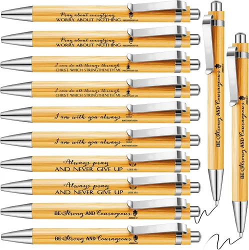 Paquete de 10 bolígrafos retráctiles de bambú cristianos con versículos bíblicos para el Día del Padre, con tinta positiva, regalo cristiano para