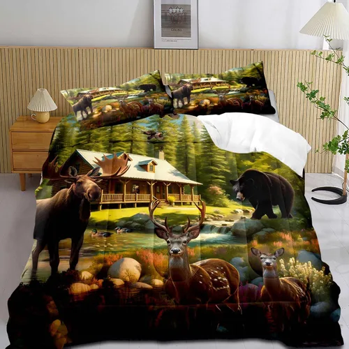 Miniatura 21 de LUVIVIHOME Juego de edredón de 3 piezas con diseño de osos negros y ciervos tamaño King, con estampado de alces, alces, patos Mallard, animales Oso