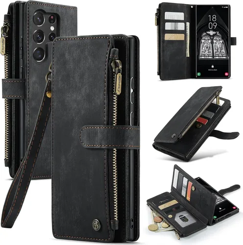 Miniatura 14 de UEEBAI Funda tipo cartera para Samsung Galaxy S23 5G, hecha a mano de piel sintética de alta calidad, ranuras para tarjetas, cierre magnético