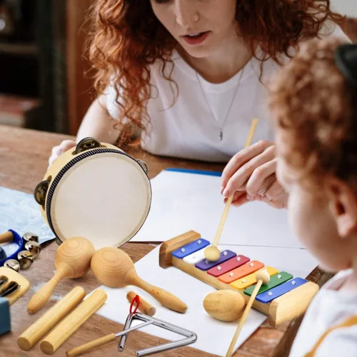 Miniatura 4 de Juego de instrumentos musicales para niños pequeños, instrumentos de percusión de madera, juguetes musicales, xilófono, maracas, huevo, pandereta
