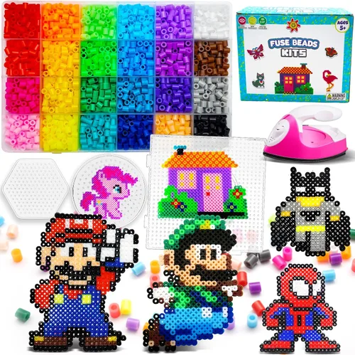 FUNZBO Kit de 5200 cuentas que se funden de 5mm con mini plancha - 24 colores | 111 patrones, artes y manualidades navideñas para niñas y niños,