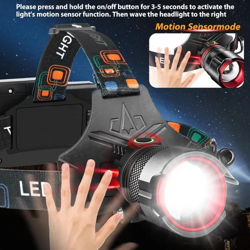 Miniatura 8 de UVER Linterna frontal LED recargable de 125° gran angular recargable, súper brillante 90000LM lámpara de cabeza con 8 modos de luz, linterna