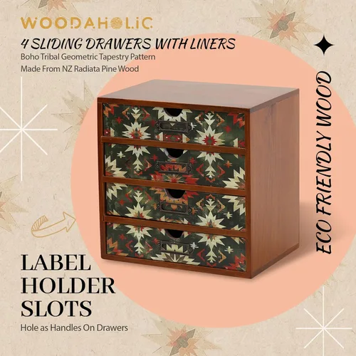 Miniatura 8 de Organizador de escritorio de madera verde bohemio con cajones, caja de almacenamiento de escritorio de 4 cajones, organizador de escritorio de Boho