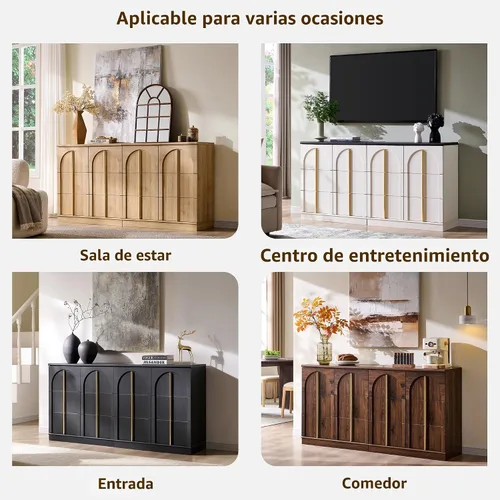 Miniatura 7 de ACCOHOHO Armario buffet con almacenamiento y puertas arqueadas, aparador de madera de 63 pulgadas con estante ajustable, modernas mesas de café