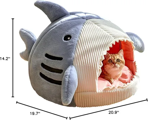 Miniatura 7 de QWINEE Cama para Gatos en Forma de Tiburón, Cama para Gatitos, Refugio, Casa Cálida, Suave, Cómoda, Semicerrada, Azul, Talla L