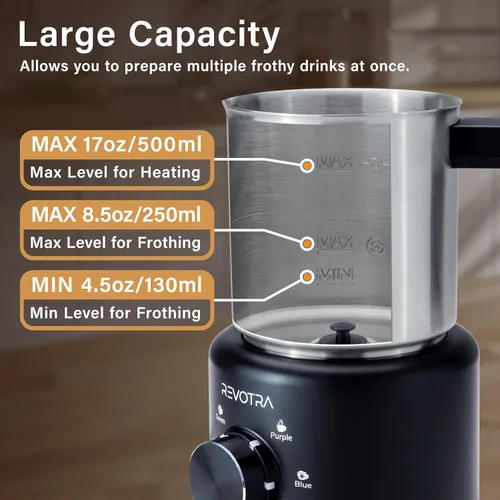 Miniatura 4 de Espumador de Leche y Vaporizador, 500ml 4-en-1 Espumador Eléctrico con Control de Dial e Indicador LED, Espumador de Leche Caliente y Fría, Acero