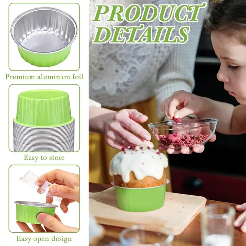Miniatura 2 de Paquete de 200 Moldes de Papel de Aluminio para Hornear Cupcakes de 5oz Forros para Cupcakes Tazas de Postre con Tapas Moldes Desechables para Verde