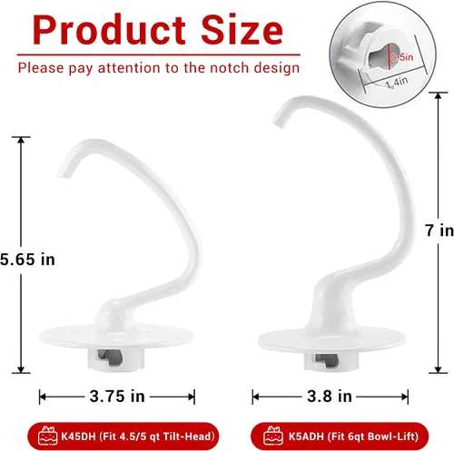 Miniatura 7 de K45DH - Gancho para masa KitchenAid de 4.5/5 cuartos de galón con cabezal inclinable, gancho de masa de pizza para pan, reemplazo para batidoras