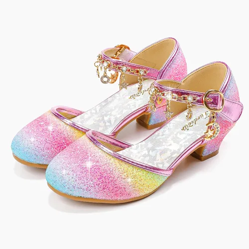 Miniatura 8 de Furdeour Sandalias para niñas con lazo brillante, zapatos de vestir de princesa con tacones altos de cristal, para fiestas, bodas, flores, zapatos