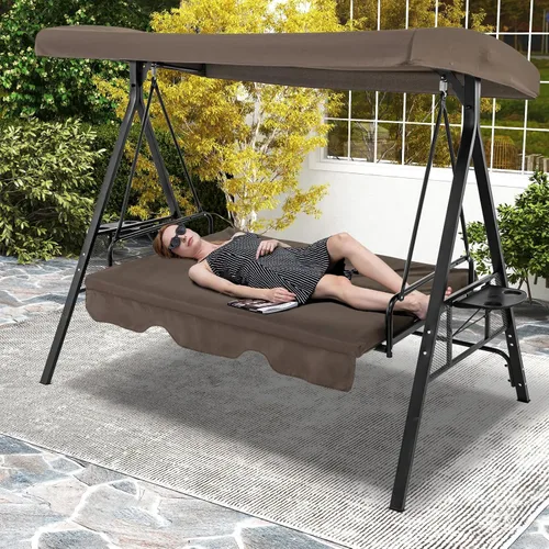 Miniatura 2 de Tangkula Columpio de porche para 3 personas, cama columpio convertible 2 en 1 para patio con toldo ajustable, mesa de 2 tazas, cojines de asiento