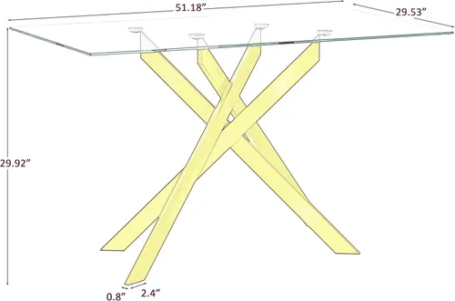 Miniatura 2 de Mesa de comedor rectangular de 51.18" de vidrio templado, mesa de cocina con patas de metal, elegante y robusta mesa de cena para interiores y Dorado