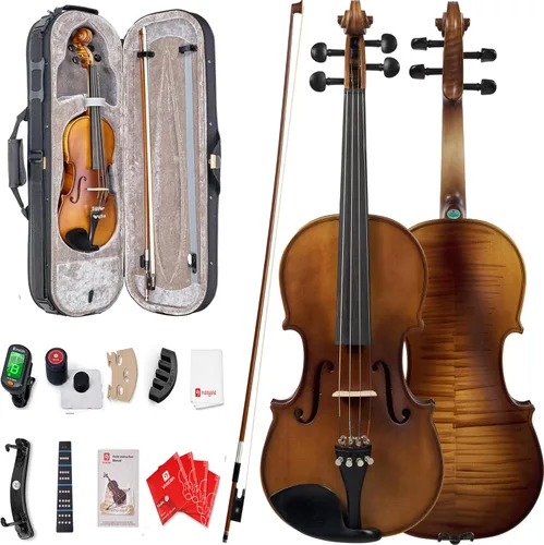 Miniatura 7 de Vangoa Kit de violín acústico 1/2, violín profesional de madera maciza, tapa de abeto, patrón único de madera de arce a juego, ajuste de ébano