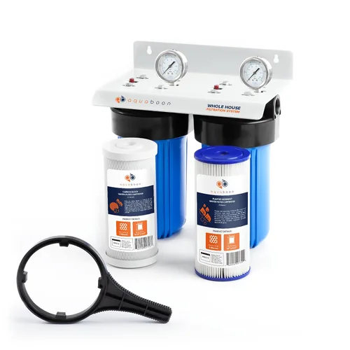 Aquaboon Sistema de filtro de agua de 2 etapas para toda la casa con cartuchos de filtro de agua de 10 x 4.5 | Reduce sedimentos y olores con