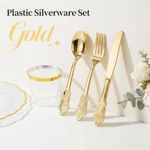 Miniatura 7 de N9R Juego de cubiertos de plástico dorado de 300 piezas, juego de cubiertos de plástico pesado, 100 tenedores, 100 cucharas, 100 cuchillos