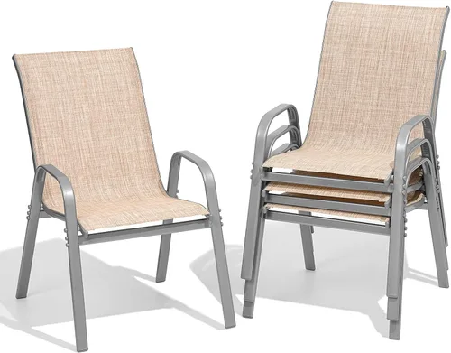 Miniatura 17 de Juego de 2 sillas de patio, sillas de comedor exterior apilables de fácil montaje con respaldo alto y asiento ancho, sillas exteriores transpirables
