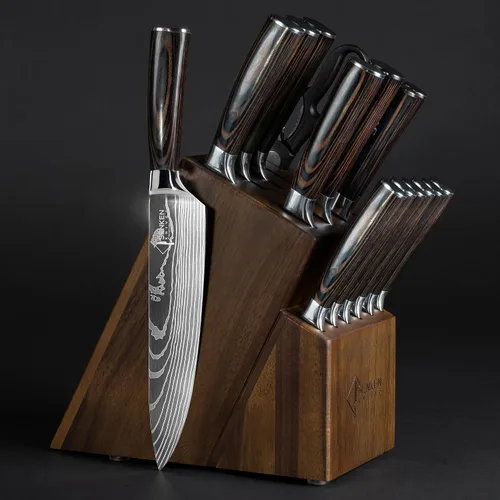 Miniatura 12 de SENKEN - Juego de 16 cuchillos de acero inoxidable japonés de alto carbono con patrón de damasco, asas de resina azul, 6 cuchillos para carne