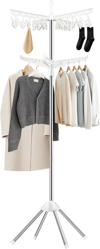 SUYU Tendedero de ropa plegable, árbol de secado de ropa plegable, 2 niveles con 24 pinzas y 3 brazos giratorios, tendedero de ropa interior de 66.9