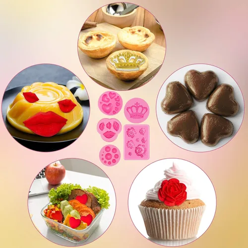 Miniatura 6 de 6 moldes de silicona para el día de San Valentín para chocolate, fondant, labios, corazón, rosa, flor, amor, corona, dulces, pasteles, cupcakes