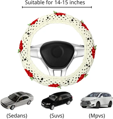 Miniatura 2 de Juego de fundas de ganchillo para volante, bonita funda bohemia para volante de automóvil de 14 a 15 pulgadas, patrón cuadrado de fresa blanca