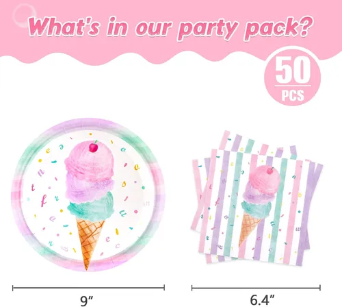 Miniatura 2 de WERNNSAI Platos y servilletas para fiesta de helados, sirve para 50 invitados, 100 piezas, suministros de fiesta temática de helado dulce rosa