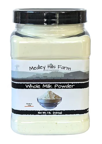 Leche entera en polvo por Medley Hills Farm en recipiente reutilizable de 1 libra - Gran leche seca en polvo para hornear - Producto de Estados