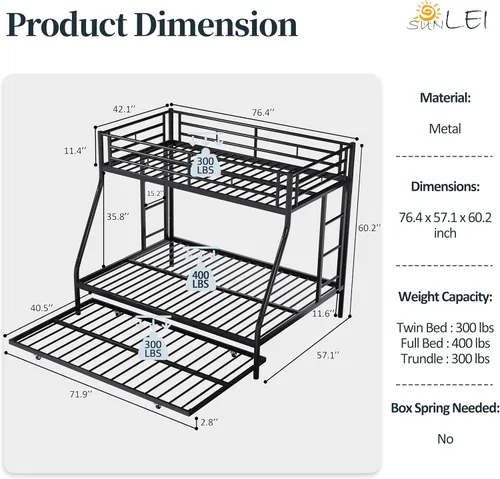 Miniatura 2 de SUNLEI Cama alta de metal con 2 escaleras seguras, litera individual sobre matrimonial con nido, camas nido con protección de seguridad individual