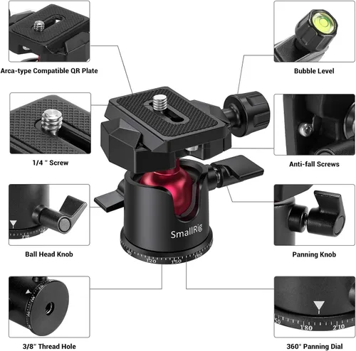 Miniatura 10 de SmallRig Mini Cabeza de Bola, Cabeza de Trípode para Cámara Panorámica 360° con Tornillo de 1/4" y Montaje de Rosca de 3/8" y Placa de Liberación