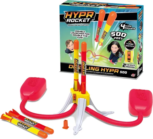 Flybar Hypr - Lanzacohetes para niños, diseño patentado, alcanza hasta 500 pies, paquete doble con 2 lanzadores y 4 cohetes, conectable, juguetes y
