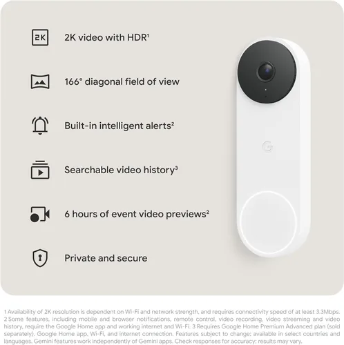 Miniatura 12 de Timbre de video Nest de Google (con cable, 3.ª generación) - Video 2K y Gemini, Vista en vivo, Visión nocturna, Audio de 2 vías - Funciona con Nieve