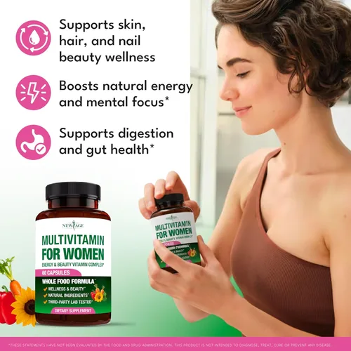 Miniatura 3 de NEW AGE Multivitamínico para mujer, complejo B, alimentos integrales, soporte para el cabello, hierro, multivitamínico todo en 1 para mujer
