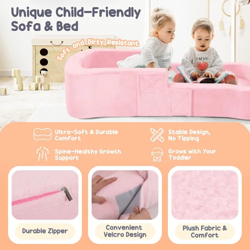 Miniatura 3 de whiffee Cama de viaje para niños pequeños, cama sofá silla portátil plegable 2 en 1, catre de piso suave para bebés y niños con fundas lavables, Rosa