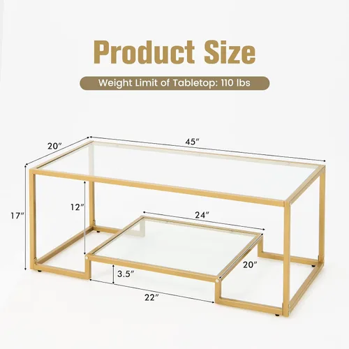 Miniatura 3 de Tangkula Mesa auxiliar rectangular de vidrio, mesa central de vidrio templado moderna de 45 pulgadas de ancho con marco de acero dorado, mesa