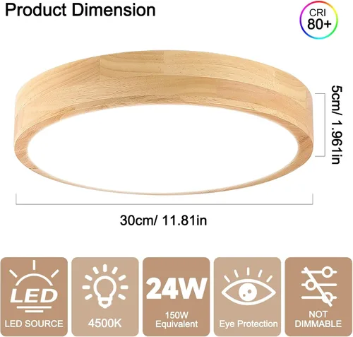 Miniatura 3 de Lámpara de Techo LED Empotrada: 12 Pulgadas 24W Luminaria de Dormitorio de Madera con Lámparas de Techo Redondas Modernas Planas Aéreas Minimalistas