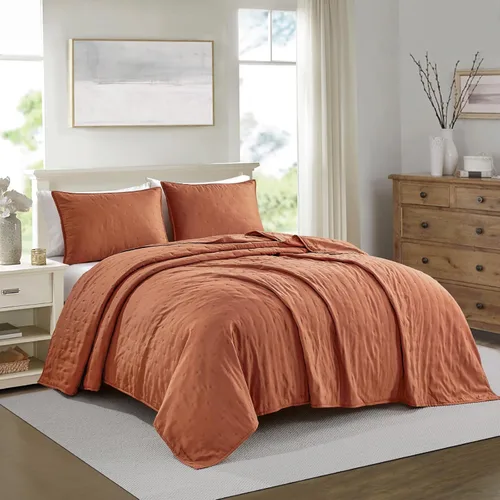 Miniatura 15 de BOURINA - Juego de colcha bordado de 3 piezas, microfibra prelavada, ultra suave, ligera, con bordado de estrellas, para cama full/queen, color rosa