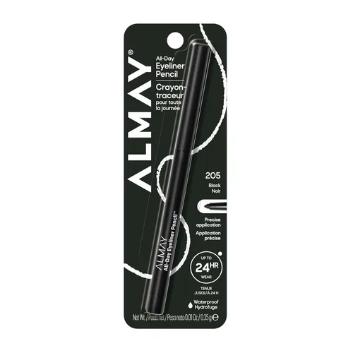 Almay Lápiz delineador de ojos para todo el día, a prueba de manchas, maquillaje de ojos impermeable, hipoalergénico, sacapuntas integrado, 205 Negro