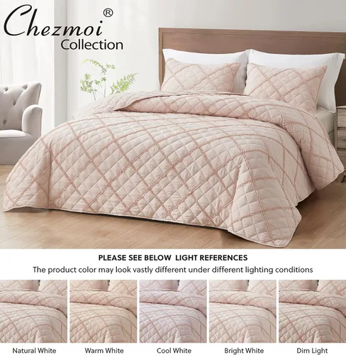 Miniatura 8 de Chezmoi Collection Annabelle - Juego de edredón de 3 piezas, color rubor, tamaño Queen, con volantes, lavado a la piedra, súper suave y ligero