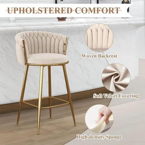 Miniatura 4 de ABET Taburete de Bar Dorado 1UN, Taburetes Giratorios de Terciopelo, Taburetes de Altura Ajustable con Respaldo Tejido, Taburetes de Cocina Modernos