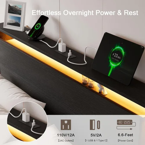 Miniatura 4 de Einhomn Marco de Cama Tamaño Queen con Luces LED y Estación de Carga – Marco de Cama Queen Flotante de Madera para Niños con Cabecera de Negro