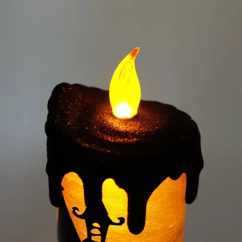 Miniatura 8 de Vela sin llama de Halloween, globo de nieve, funciona con pilas con temporizador de 6 horas, calcomanía de murciélago de luz amarilla, lámpara