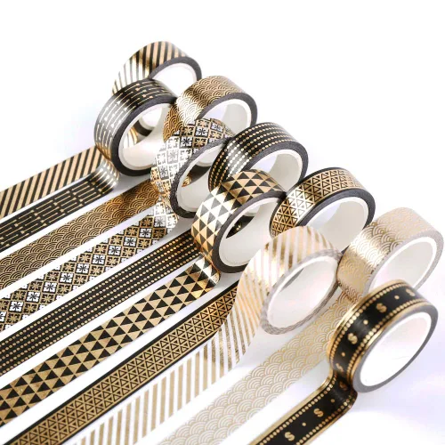 Miniatura 11 de YUBBAEX Juego de 18 Rollos de Cinta Washi Negra Dorada con Patrones Básicos de Impresión Dorada, Cintas Decorativas para Artes, Manualidades DIY