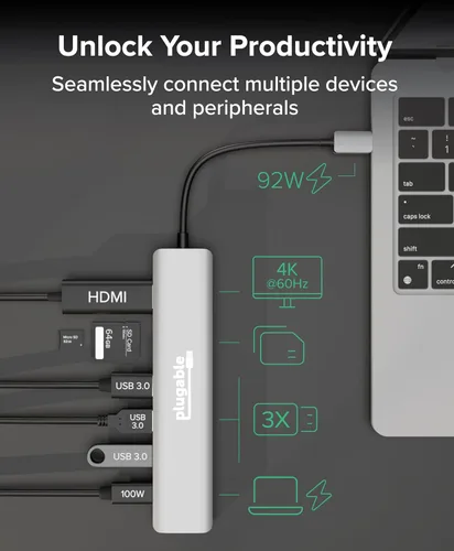 Miniatura 4 de Concentrador USB-C enchufable 7 en 1 para pantalla HDMI única, concentrador sin controlador, HDMI 4K, 3 USB 3.0, lector SD/microSD, carga de 100 W