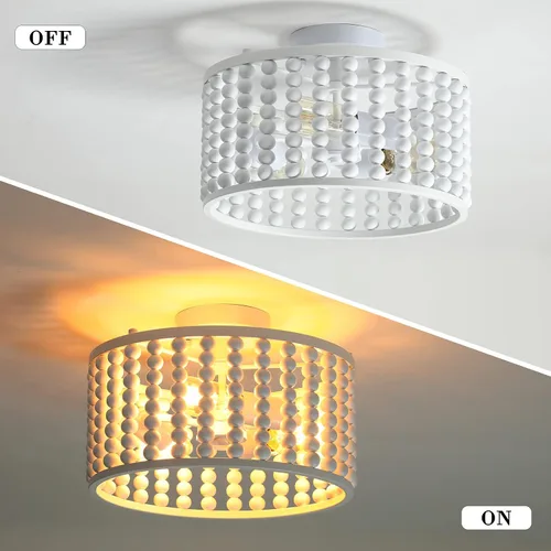 Miniatura 4 de tewei Candelabro de Cuentas de Madera, Accesorio de Luz de Techo Semi Empotrado Estilo Boho para Cuarto de Bebé, Candelabro Rústico de 3 Luces
